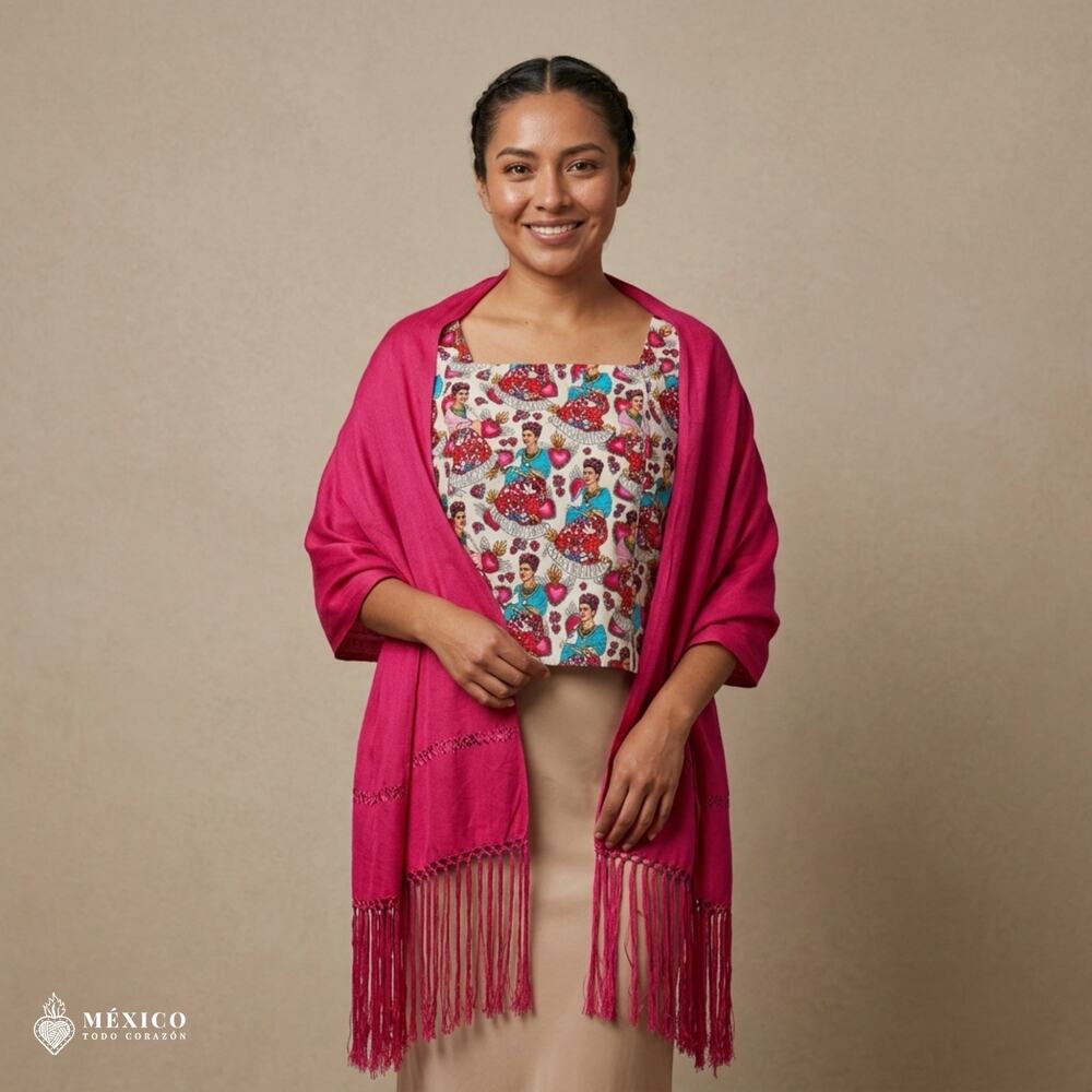 Mexican Frida Kahlo Rebozo Blouse – Fuchsia Pink Fringed Poncho Top